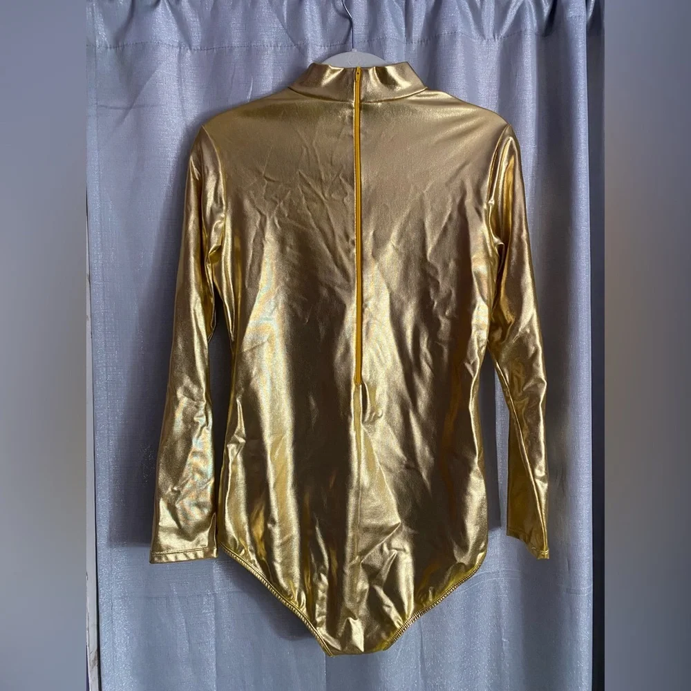 Elegant Gold Zipper Bodysuit Long Sleeve Metallic Leotard - Picture 4 of 6